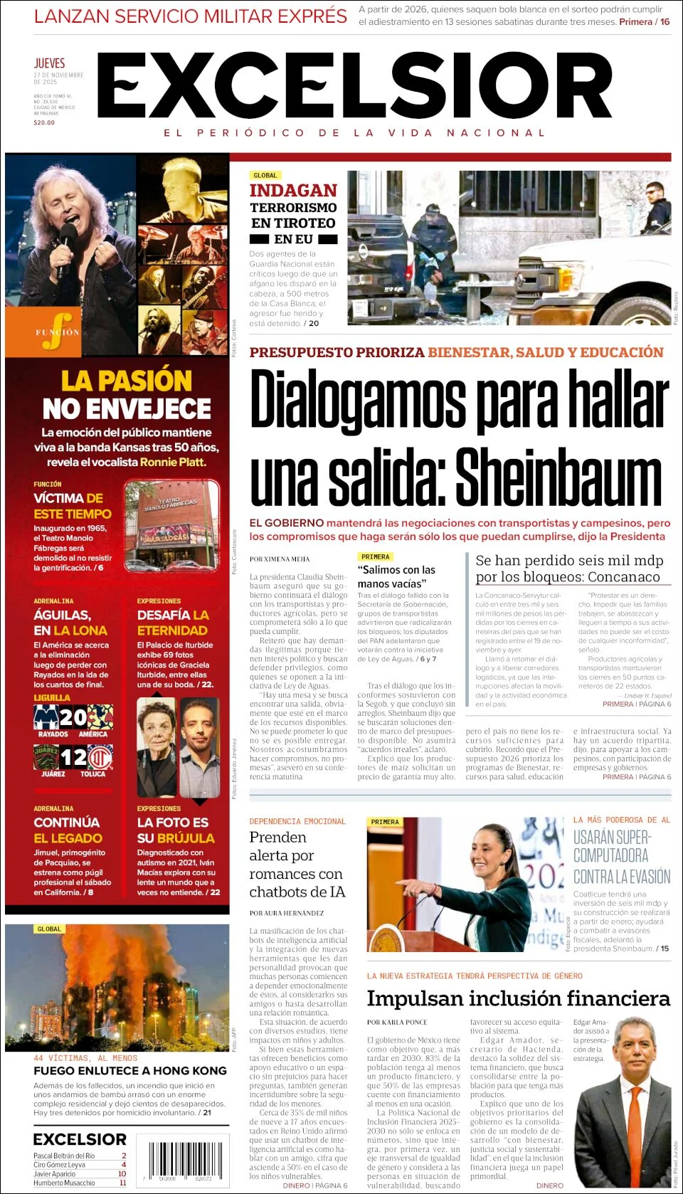 Portada de Excelsior del jueves, 27 de noviembre de 2025