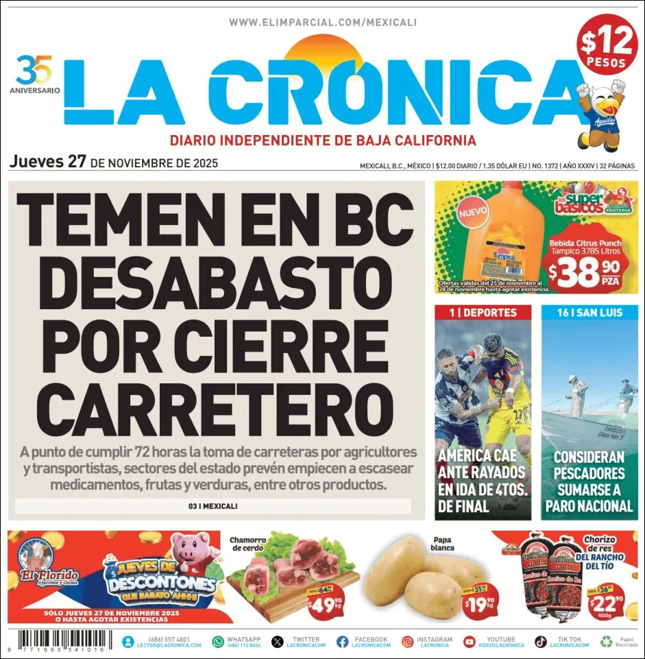 Portada de La Cronica del jueves, 27 de noviembre de 2025