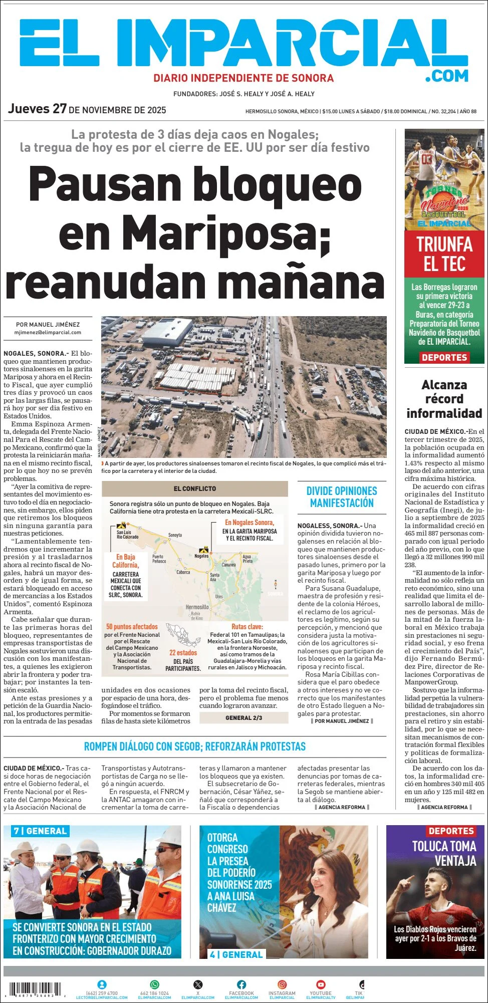 Portada de El Imparcial del jueves, 27 de noviembre de 2025