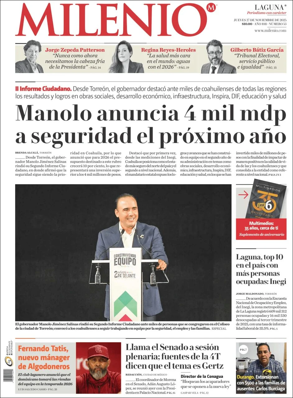 Portada de Milenio Laguna del jueves, 27 de noviembre de 2025