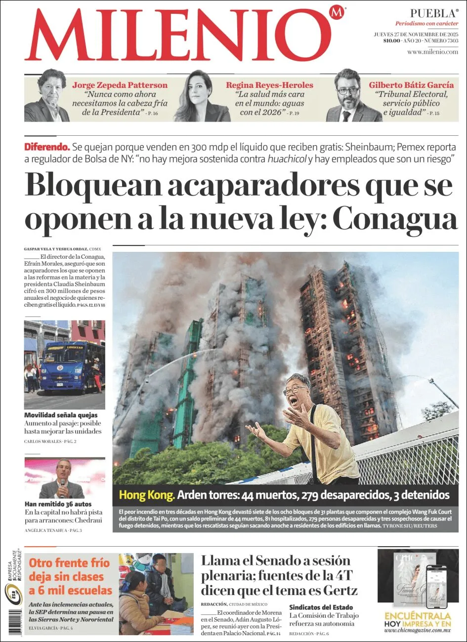 Portada de Milenio Puebla del jueves, 27 de noviembre de 2025