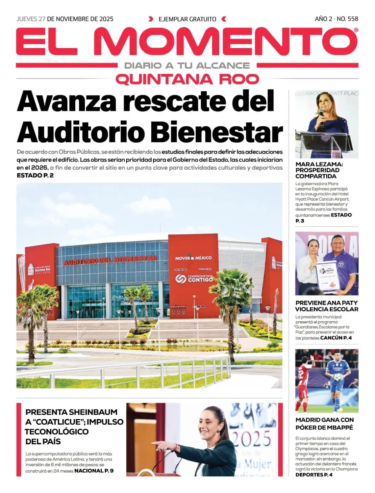 Portada de El Momento Quintana Roo del jueves, 27 de noviembre de 2025