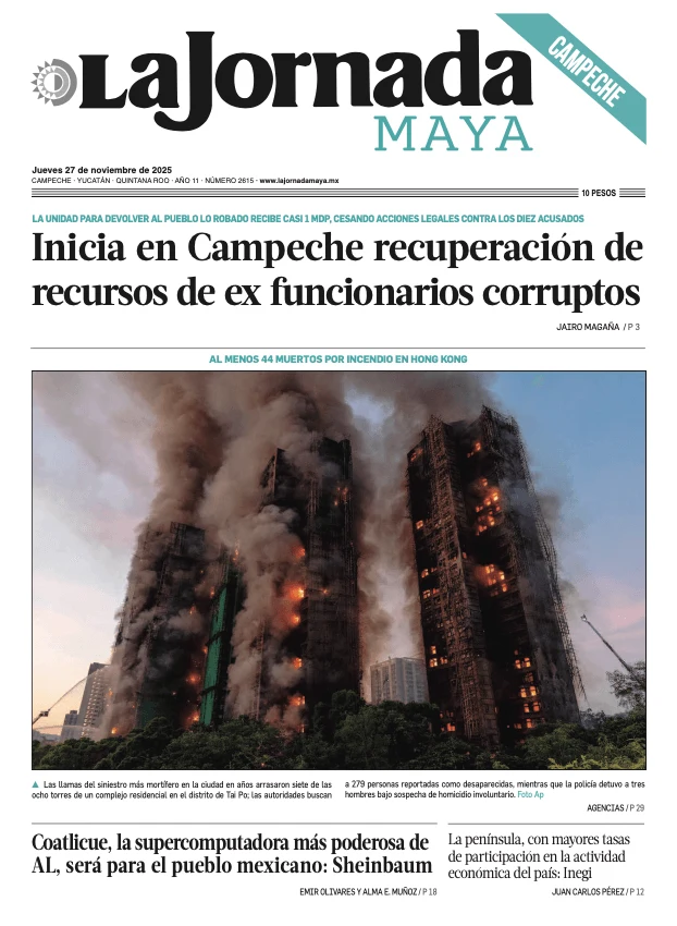 Portada de La Jornada Maya Campeche del jueves, 27 de noviembre de 2025