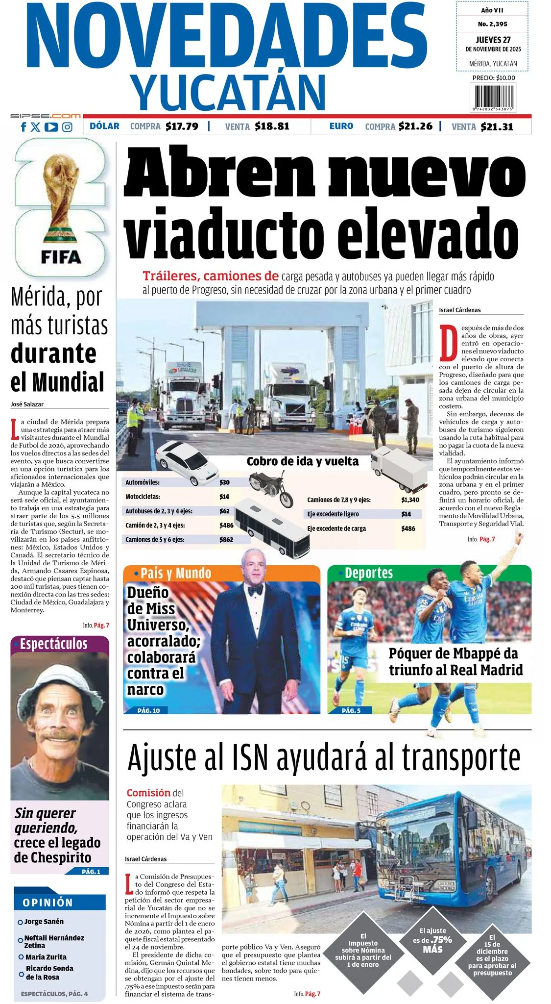 Portada de Novedades Yucatan del jueves, 27 de noviembre de 2025