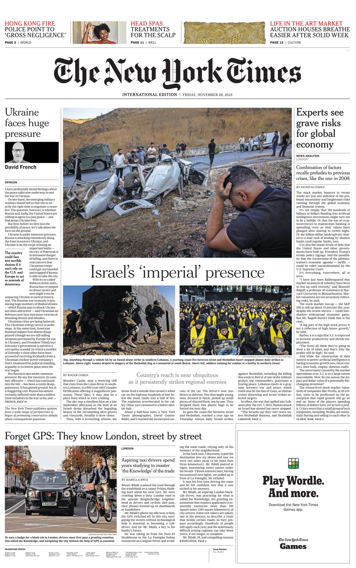 Portada de The New York Times (international) del viernes, 28 de noviembre de 2025