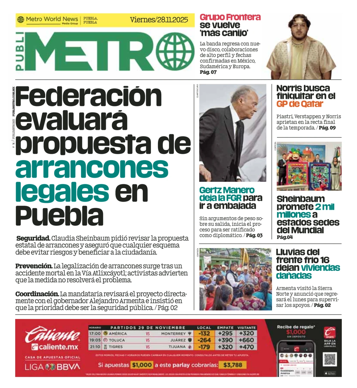Portada de Publimetro Puebla del viernes, 28 de noviembre de 2025