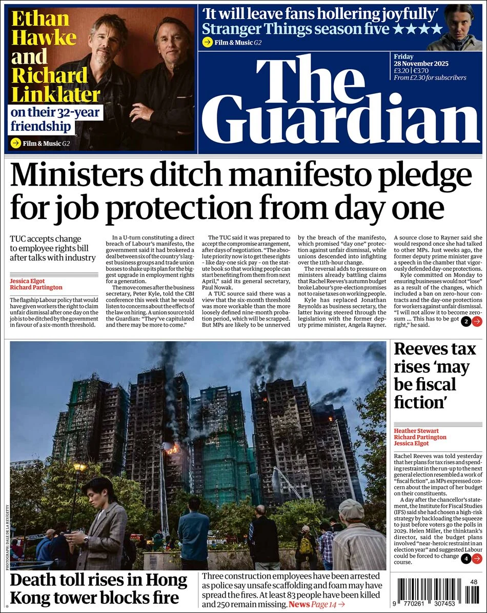 Portada de The Guardian (reino Unido) del viernes, 28 de noviembre de 2025