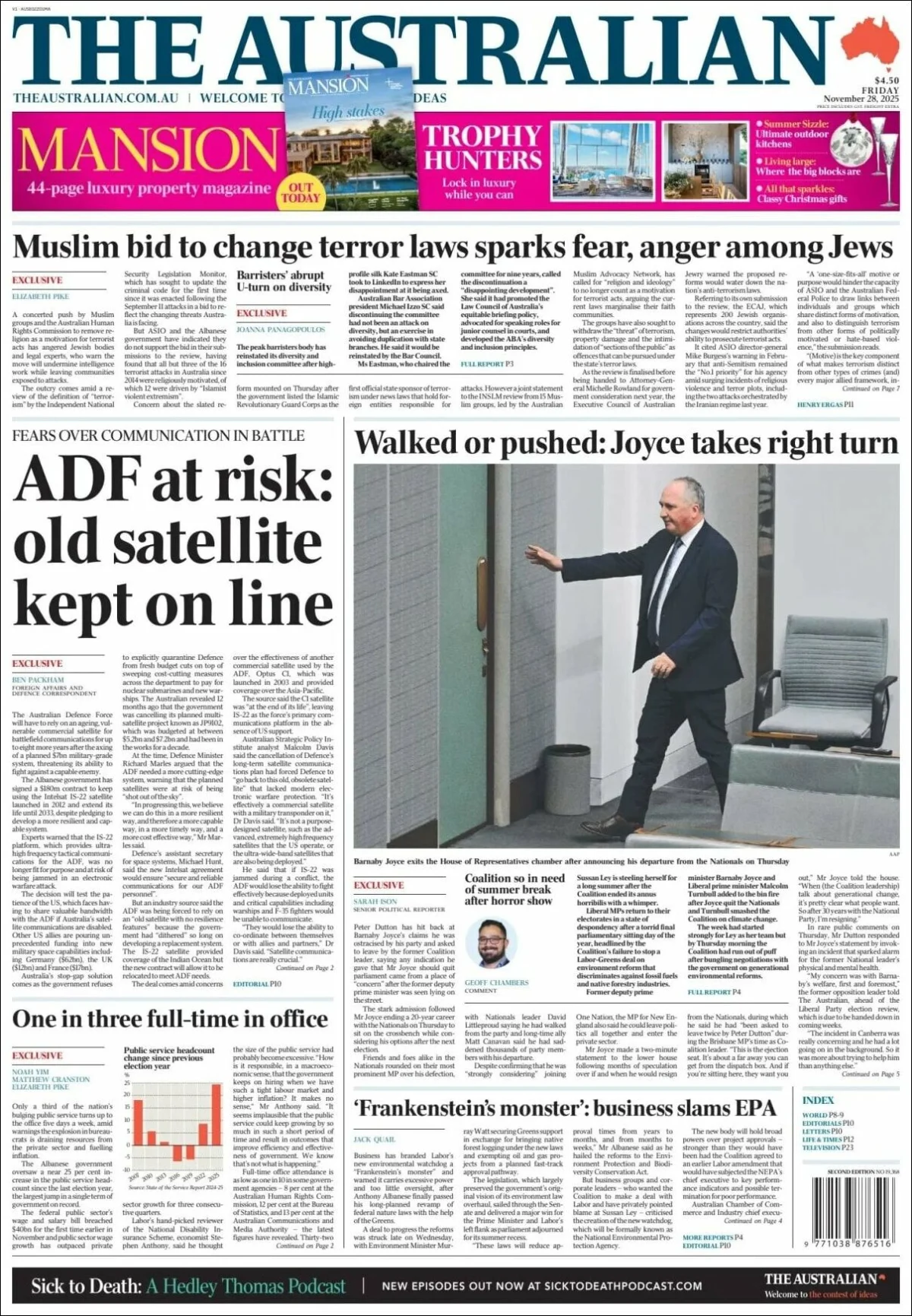 Portada de The Australian del viernes, 28 de noviembre de 2025