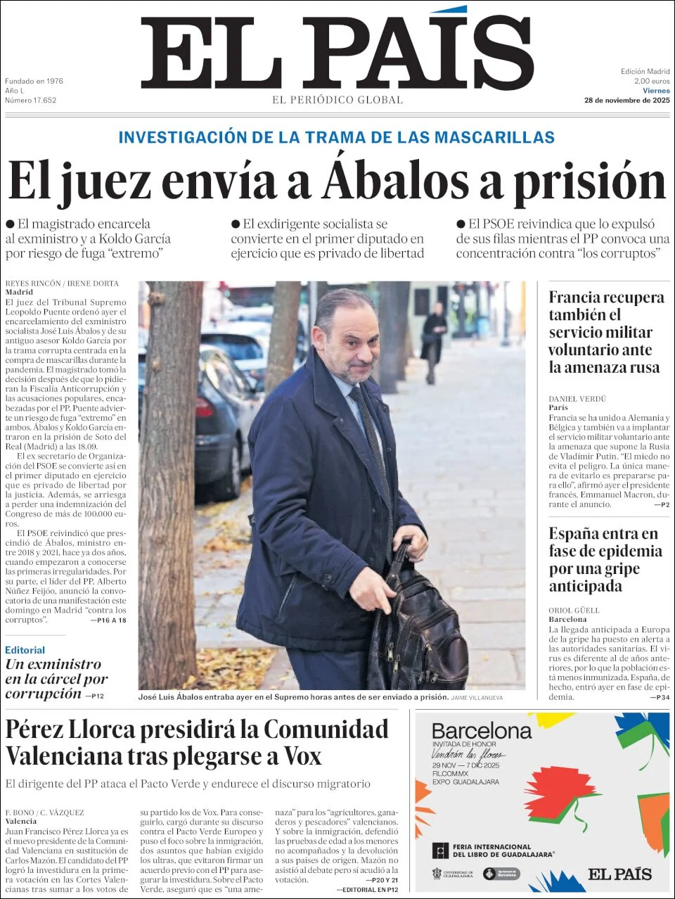 Portada de El Pais del viernes, 28 de noviembre de 2025