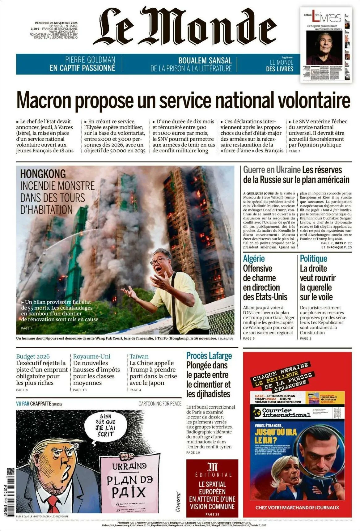 Portada de Le Monde del viernes, 28 de noviembre de 2025