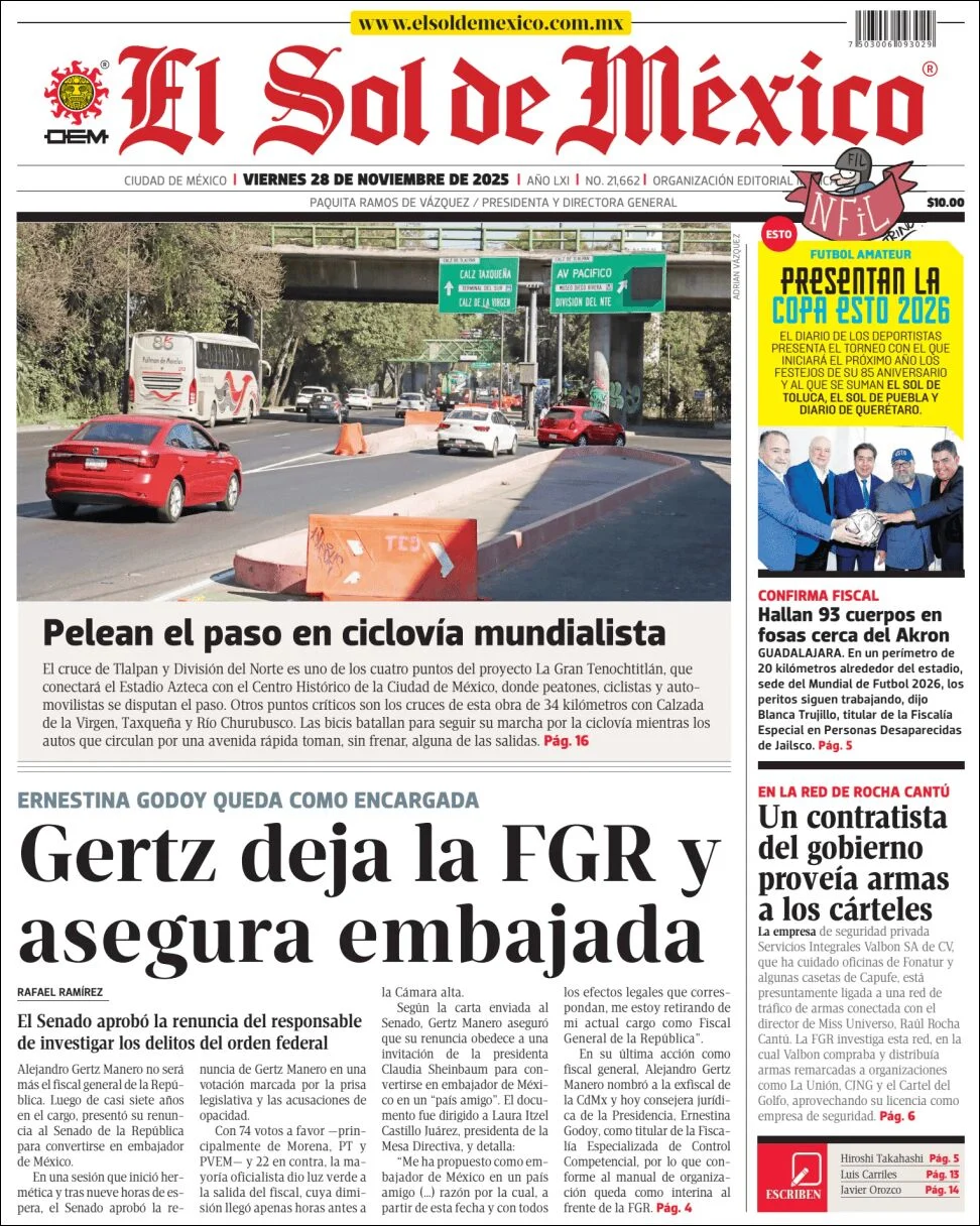 Portada de El Sol de Mexico del viernes, 28 de noviembre de 2025