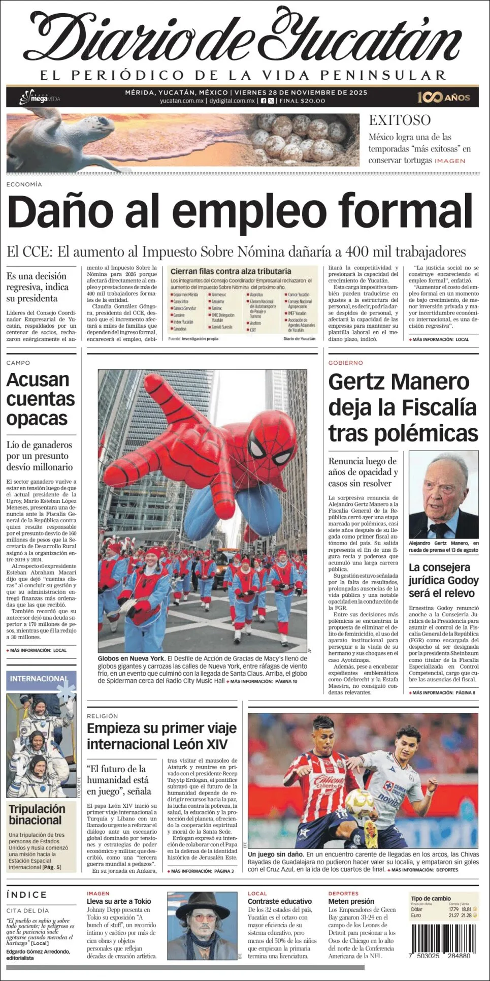 Portada de Diario de Yucatán del viernes, 28 de noviembre de 2025