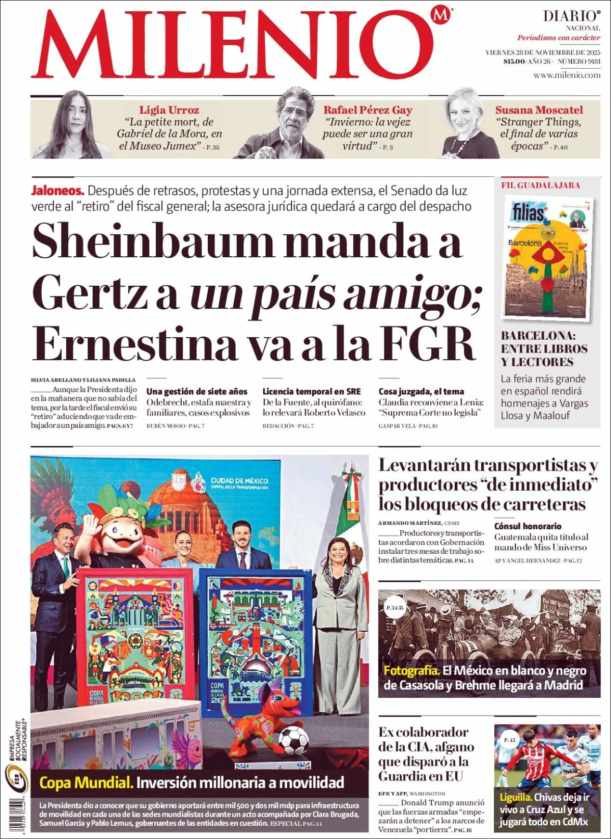 Portada de Milenio del viernes, 28 de noviembre de 2025