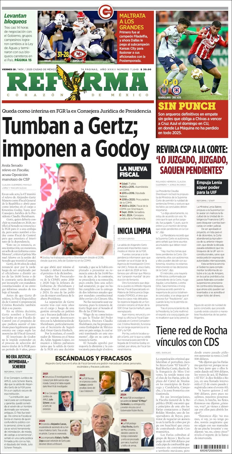Portada de Reforma del viernes, 28 de noviembre de 2025
