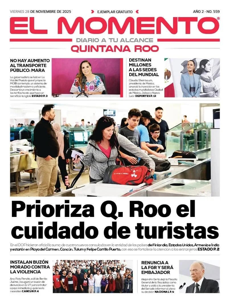 Portada de El Momento Quintana Roo del viernes, 28 de noviembre de 2025