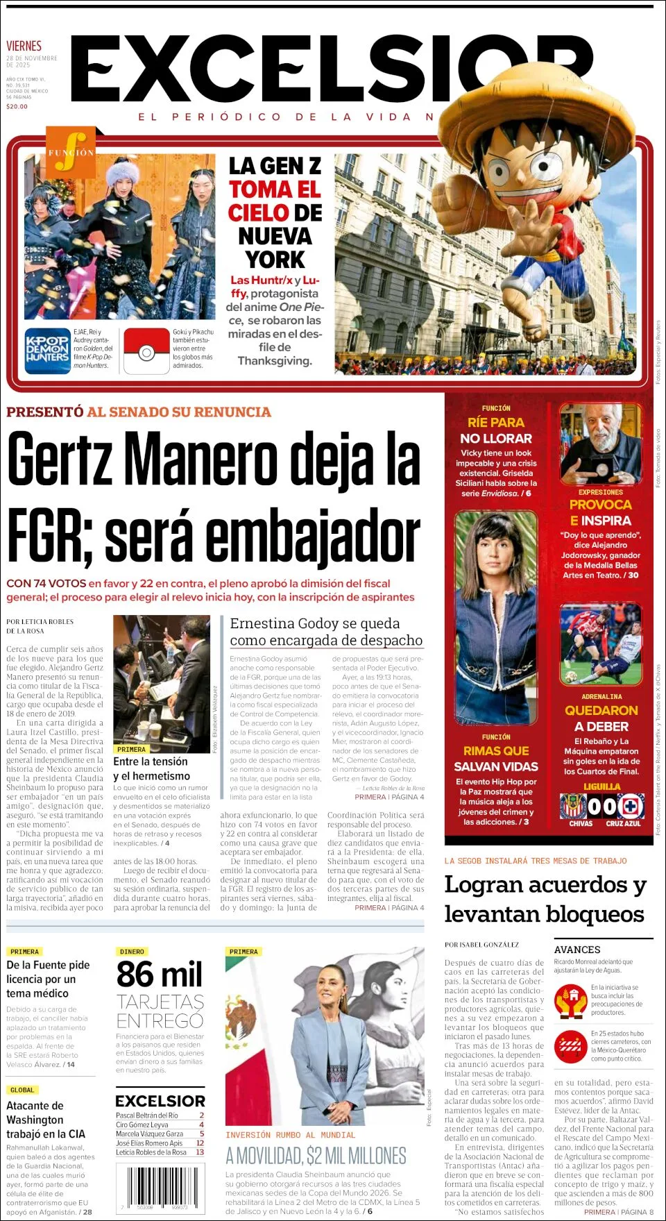 Portada de Excelsior del viernes, 28 de noviembre de 2025
