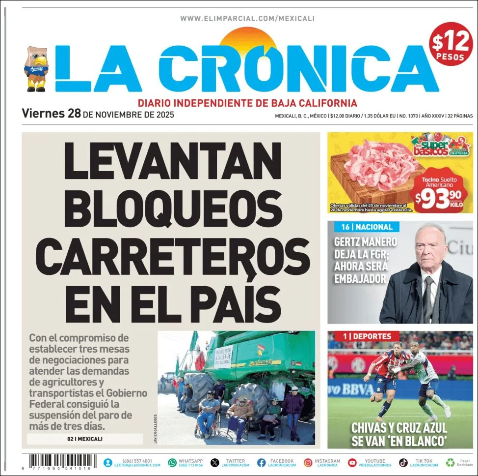 Portada de La Cronica del viernes, 28 de noviembre de 2025