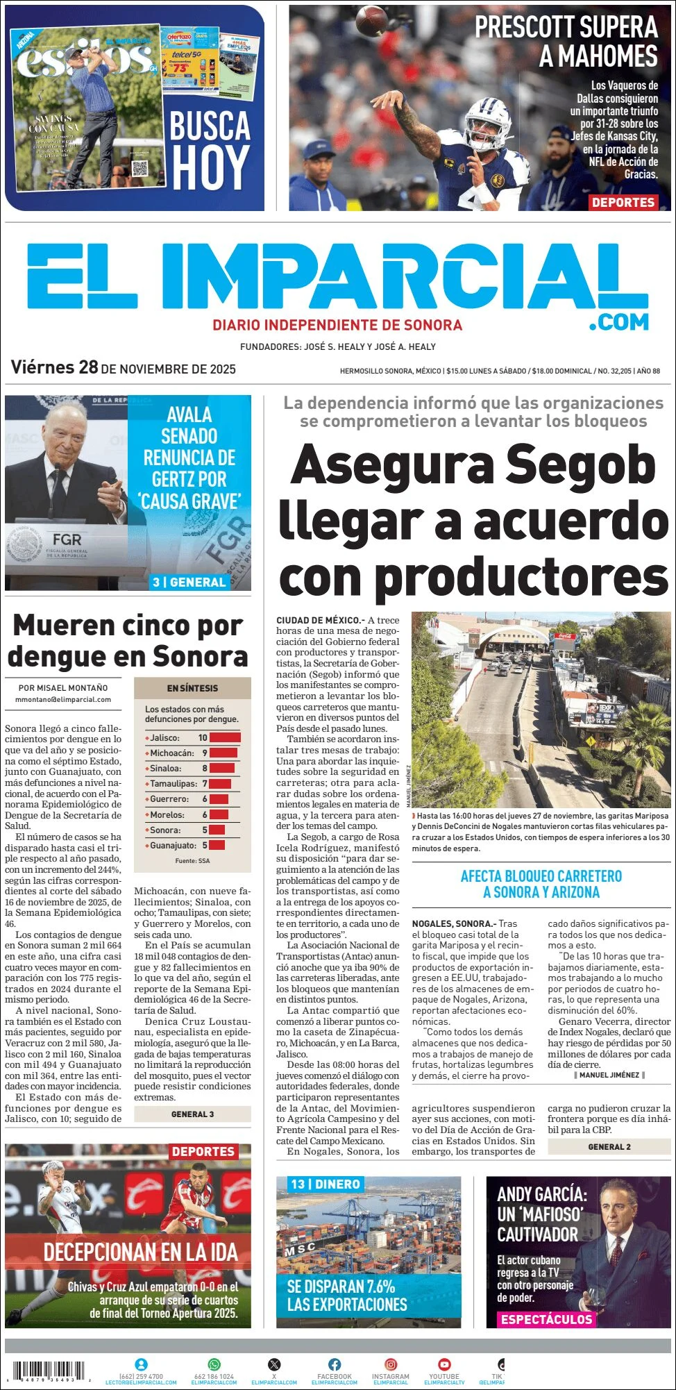 Portada de El Imparcial del viernes, 28 de noviembre de 2025