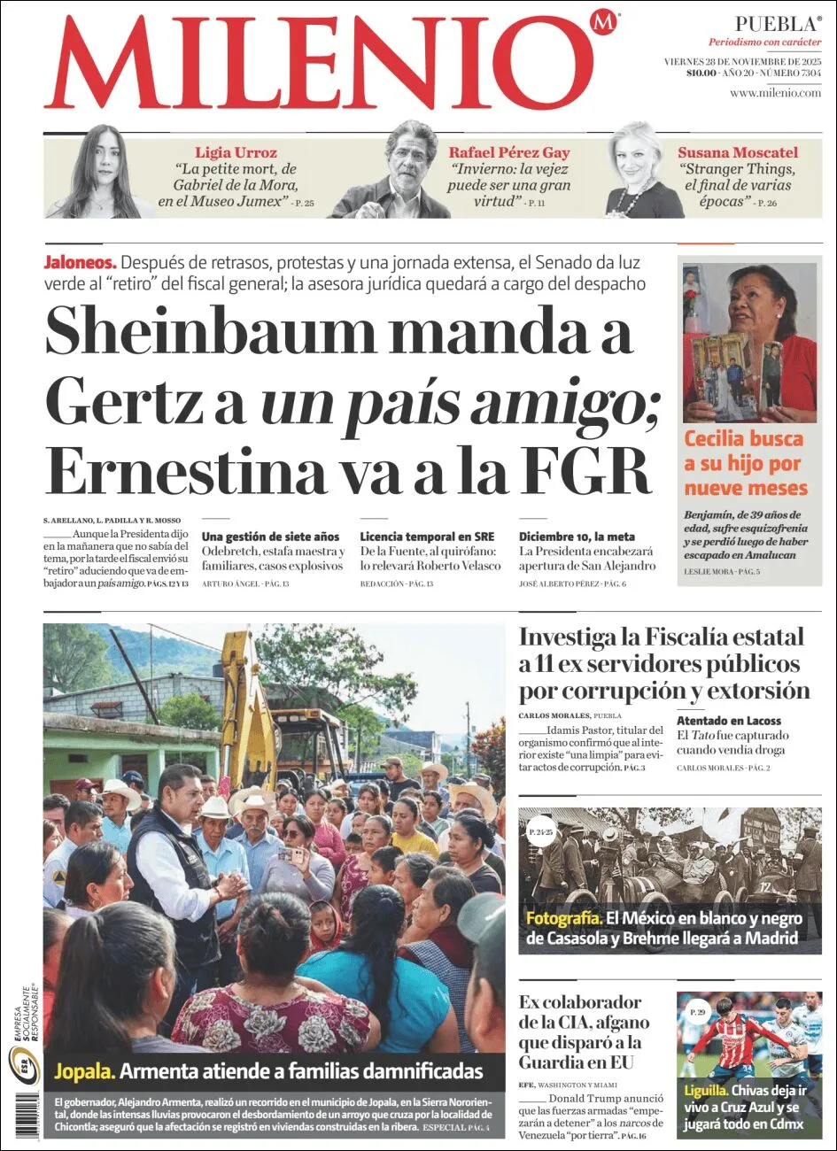 Portada de Milenio Puebla del viernes, 28 de noviembre de 2025