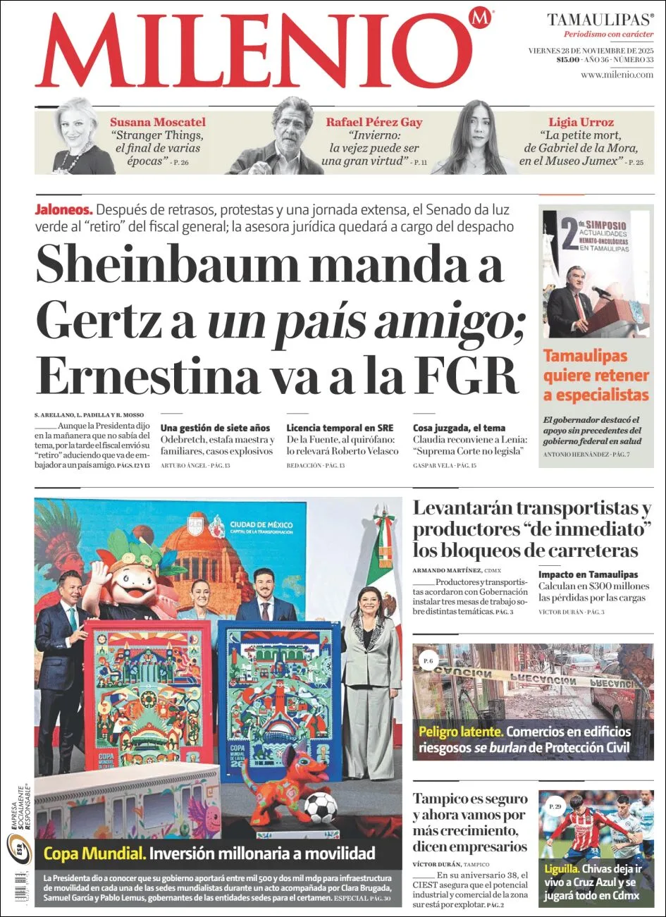Portada de Milenio Tamaulipas del viernes, 28 de noviembre de 2025