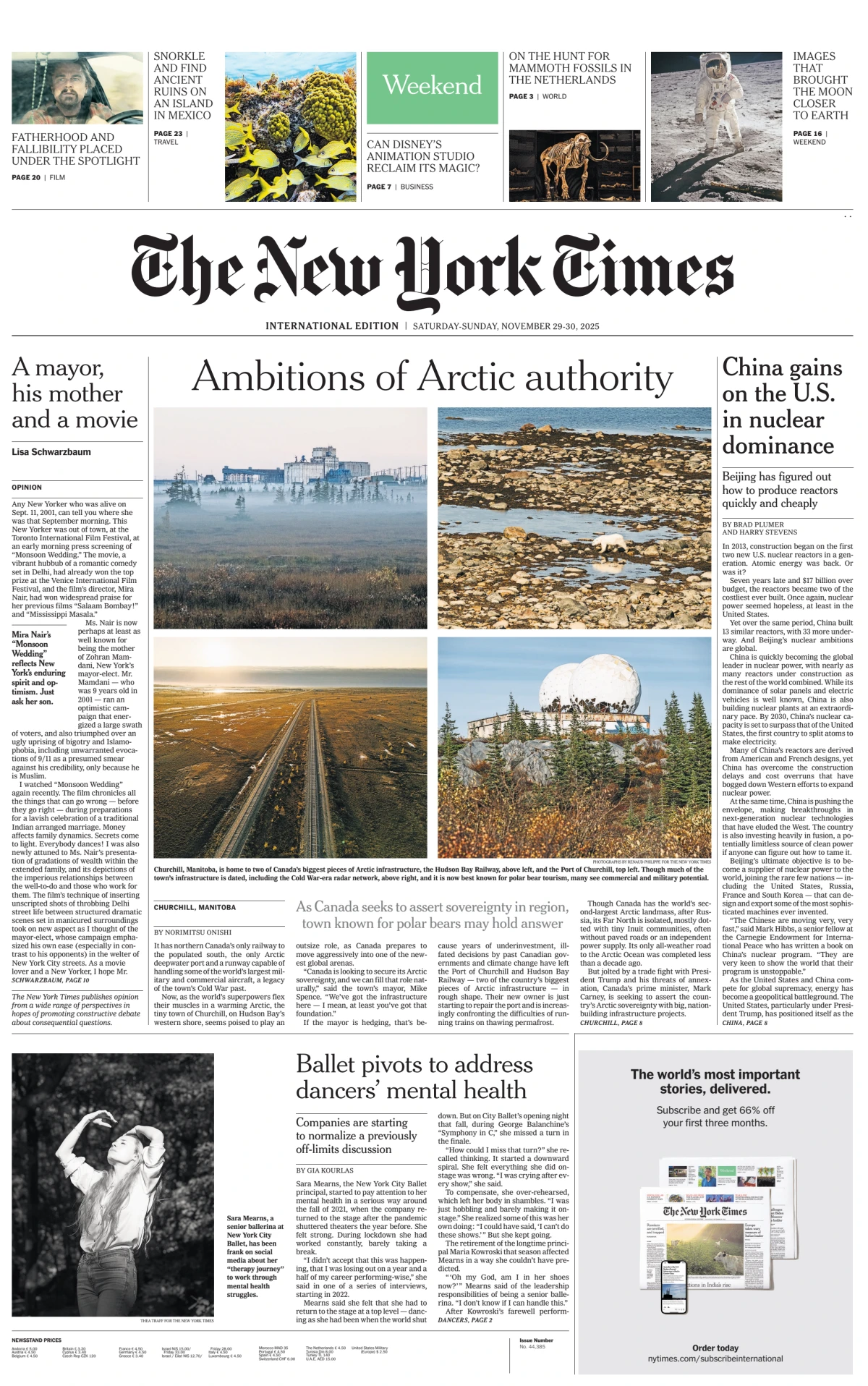 Portada de The New York Times (international) del sábado, 29 de noviembre de 2025