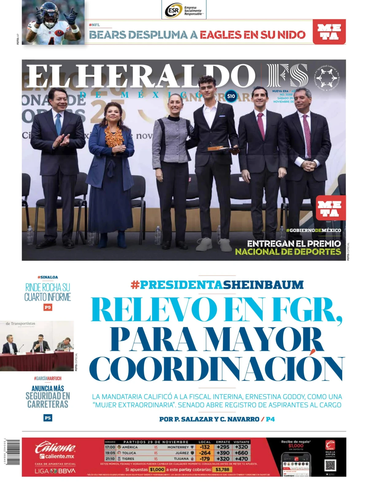 Portada de El Heraldo de Mexico del sábado, 29 de noviembre de 2025