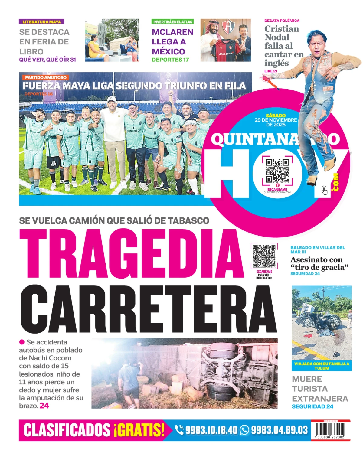 Portada de Quintana Roo Hoy (contraportada) del sábado, 29 de noviembre de 2025