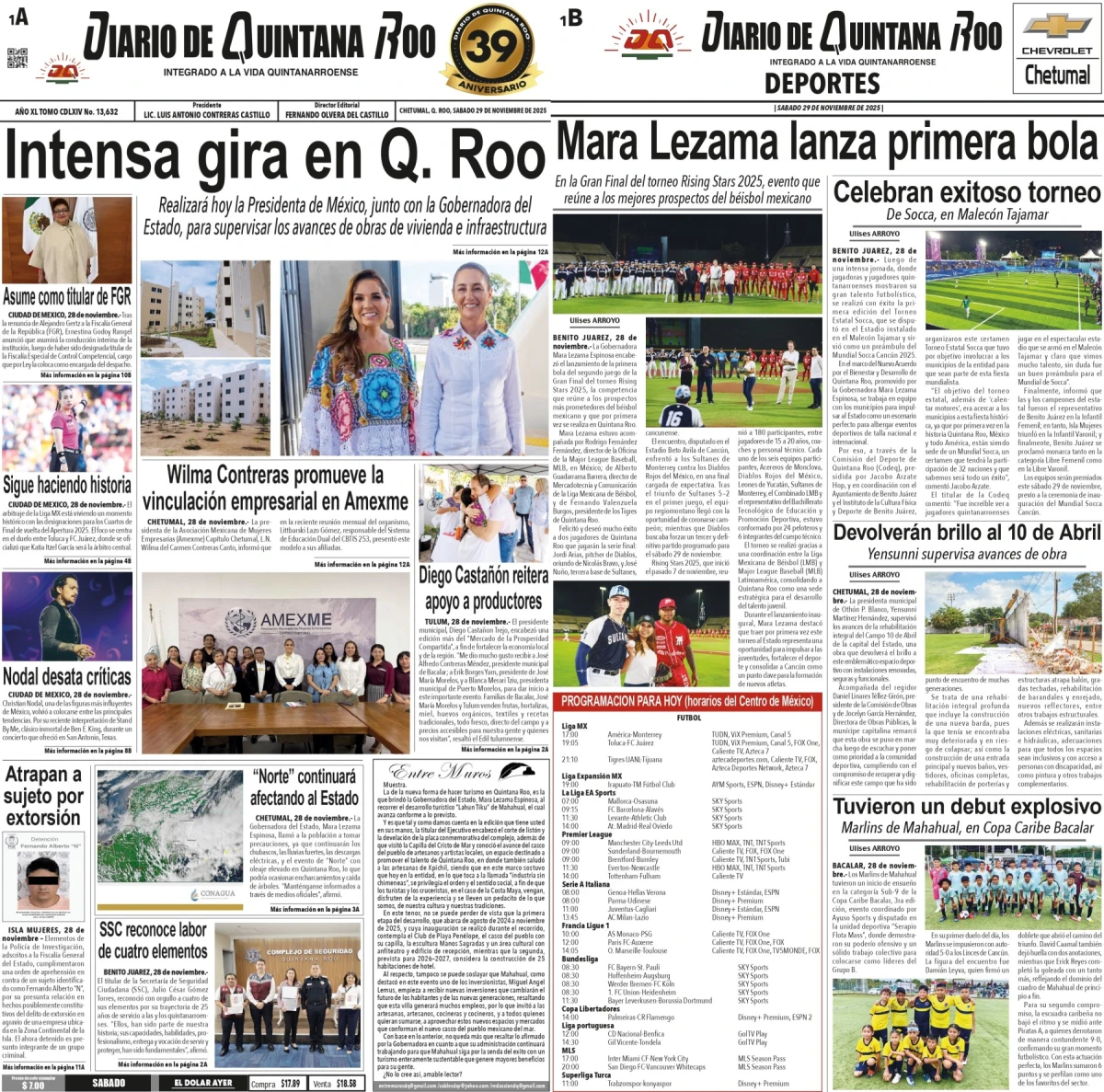 Portada de Diario de Quintana Roo (portada) del sábado, 29 de noviembre de 2025