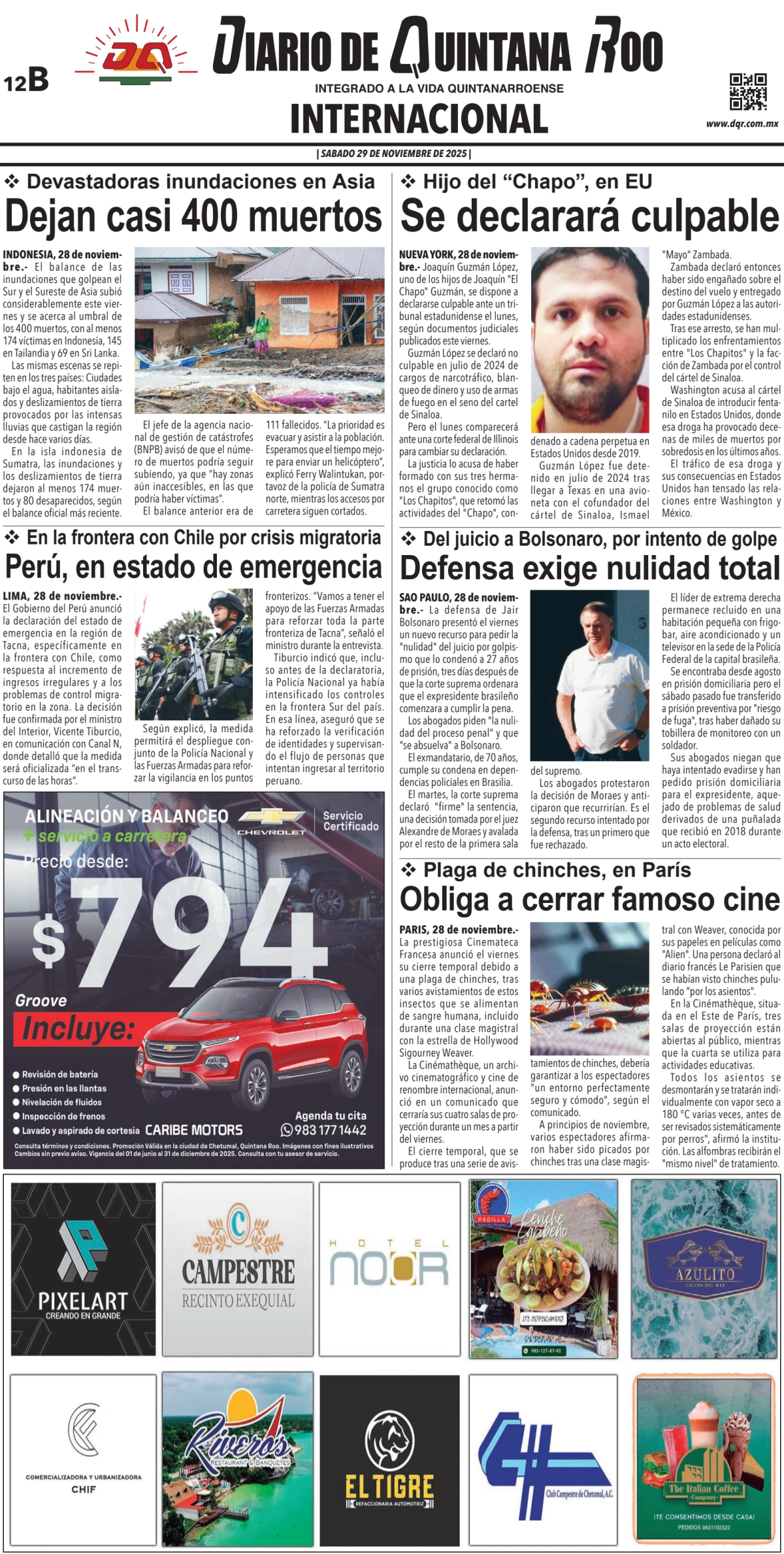 Portada de Diario de Quintana Roo (contra Portada) del sábado, 29 de noviembre de 2025