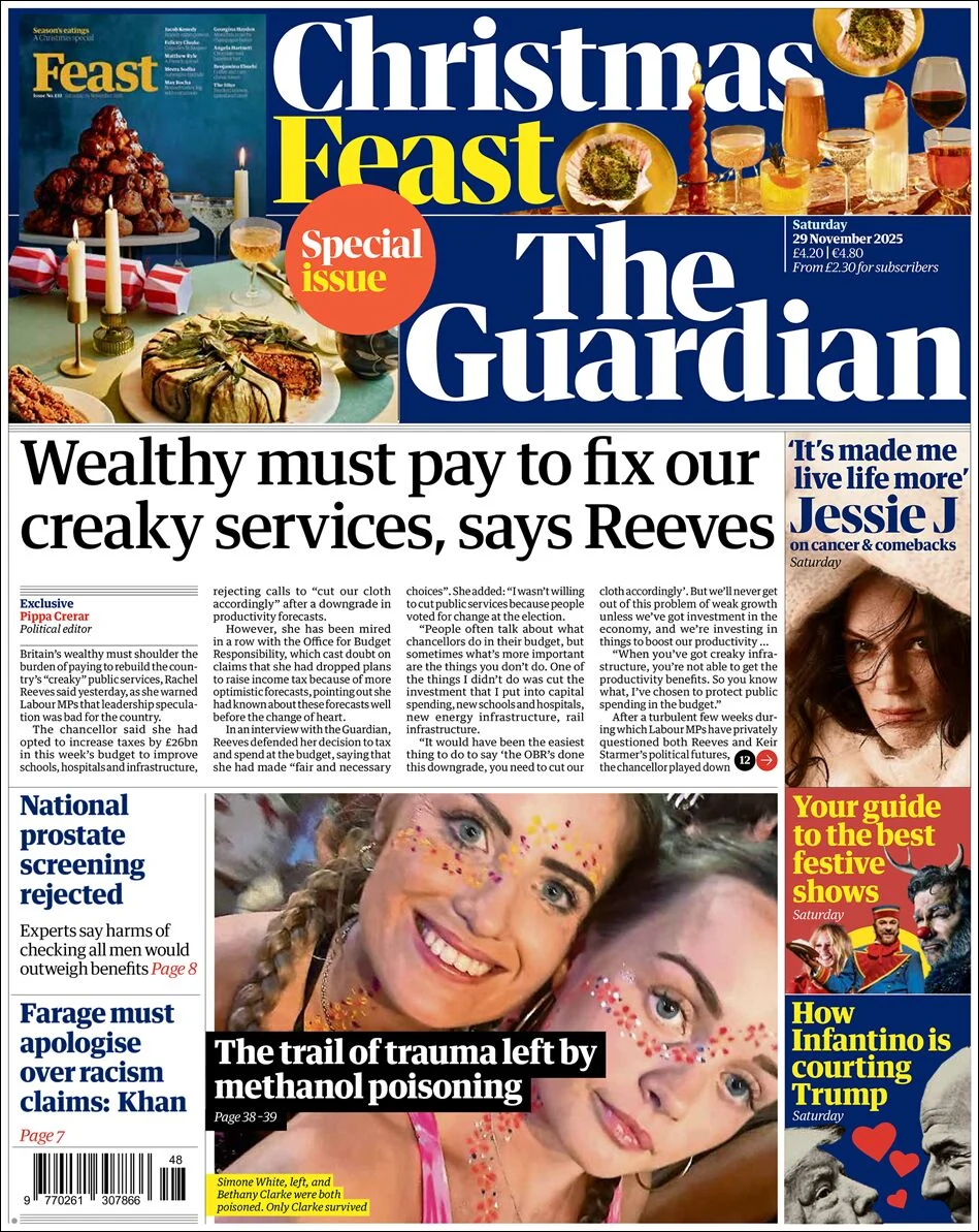 Portada de The Guardian (reino Unido) del sábado, 29 de noviembre de 2025