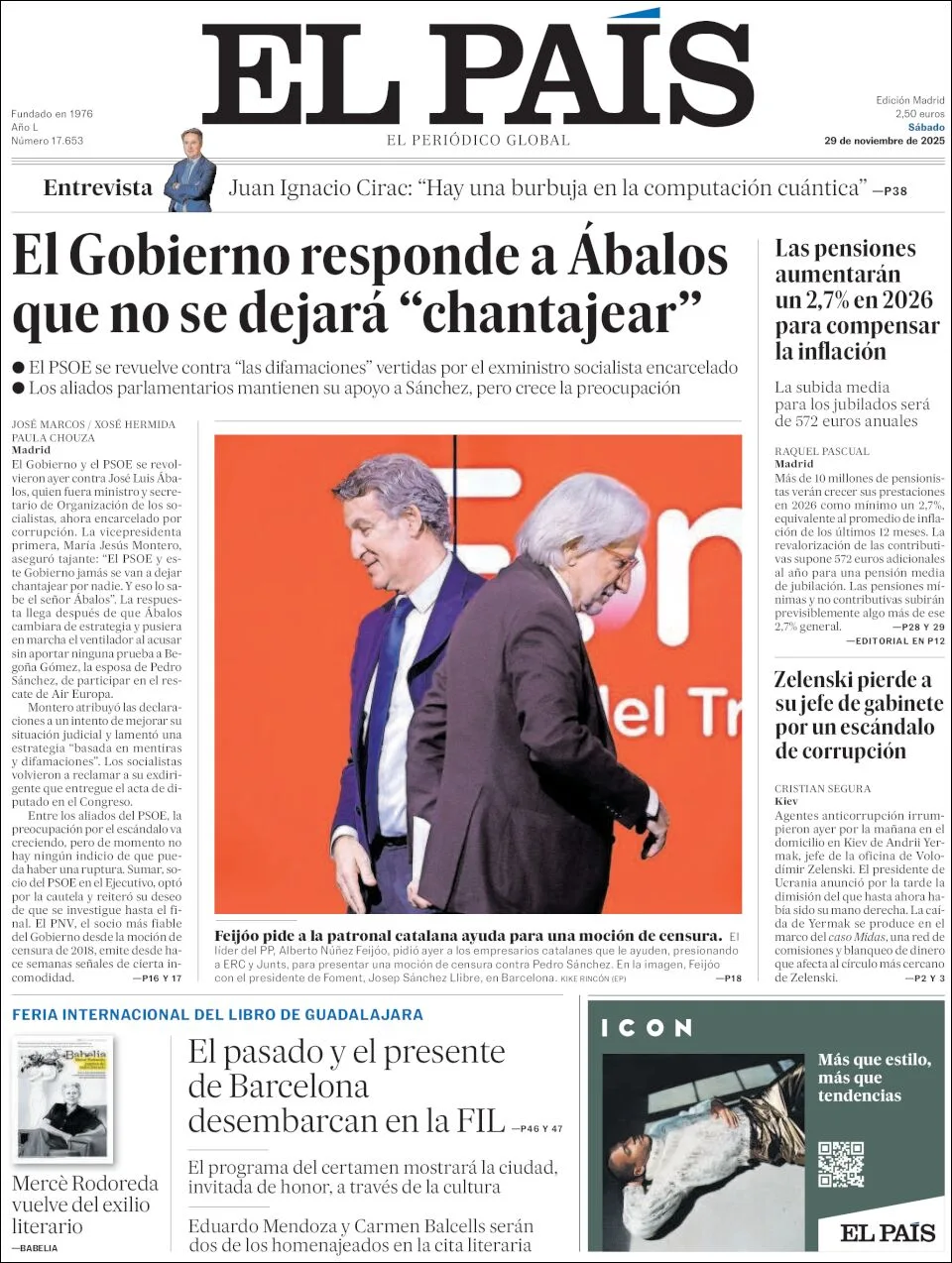 Portada de El Pais del sábado, 29 de noviembre de 2025
