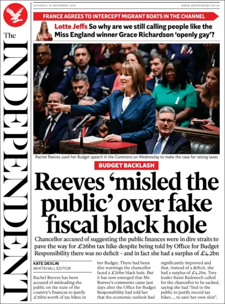 Portada de The Independent del sábado, 29 de noviembre de 2025