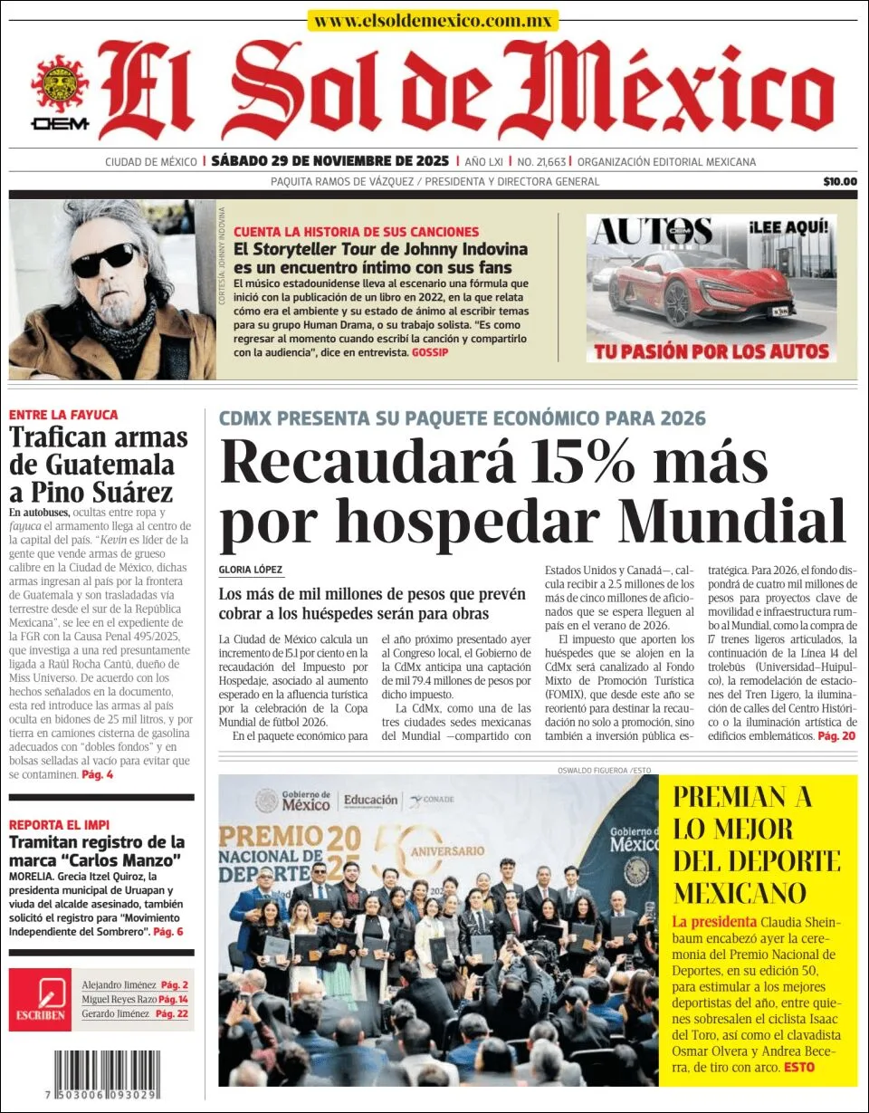 Portada de El Sol de Mexico del sábado, 29 de noviembre de 2025