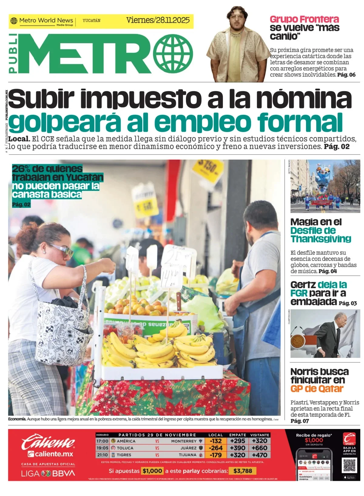 Portada de Publimetro Merida del viernes, 28 de noviembre de 2025
