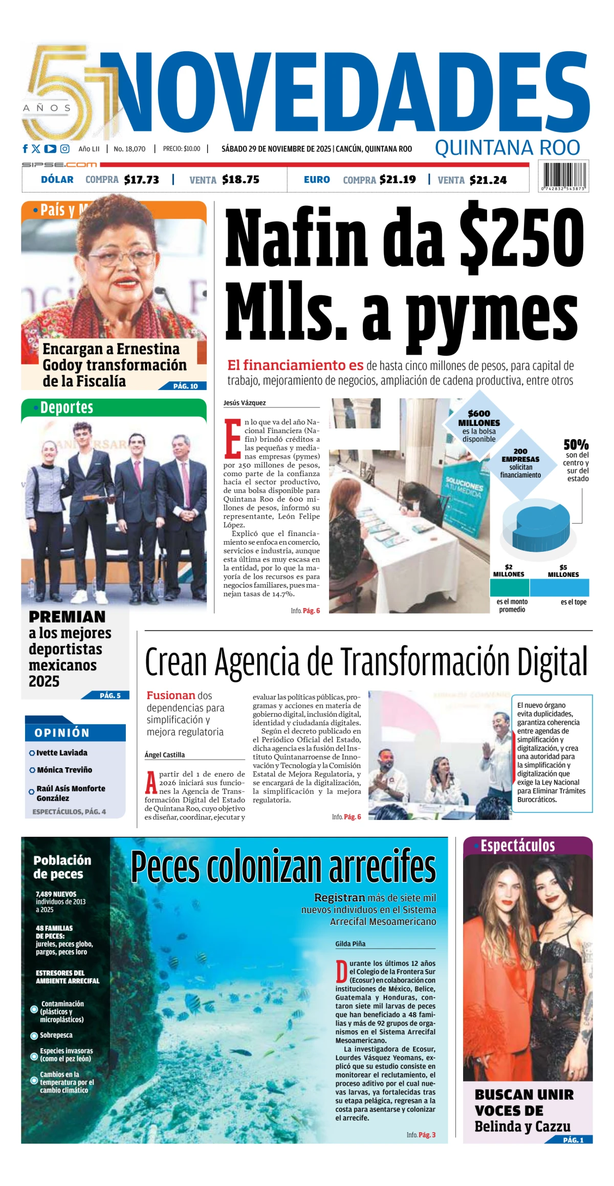 Portada de Novedades Quintana Roo del sábado, 29 de noviembre de 2025