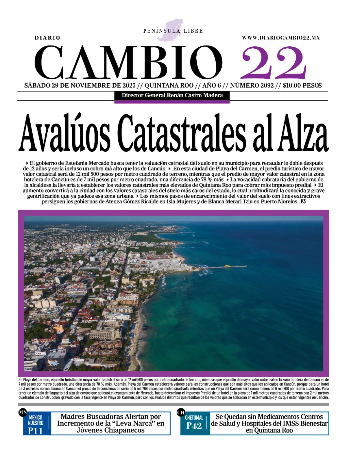 Portada de Diario Cambio 22 (portada) del sábado, 29 de noviembre de 2025