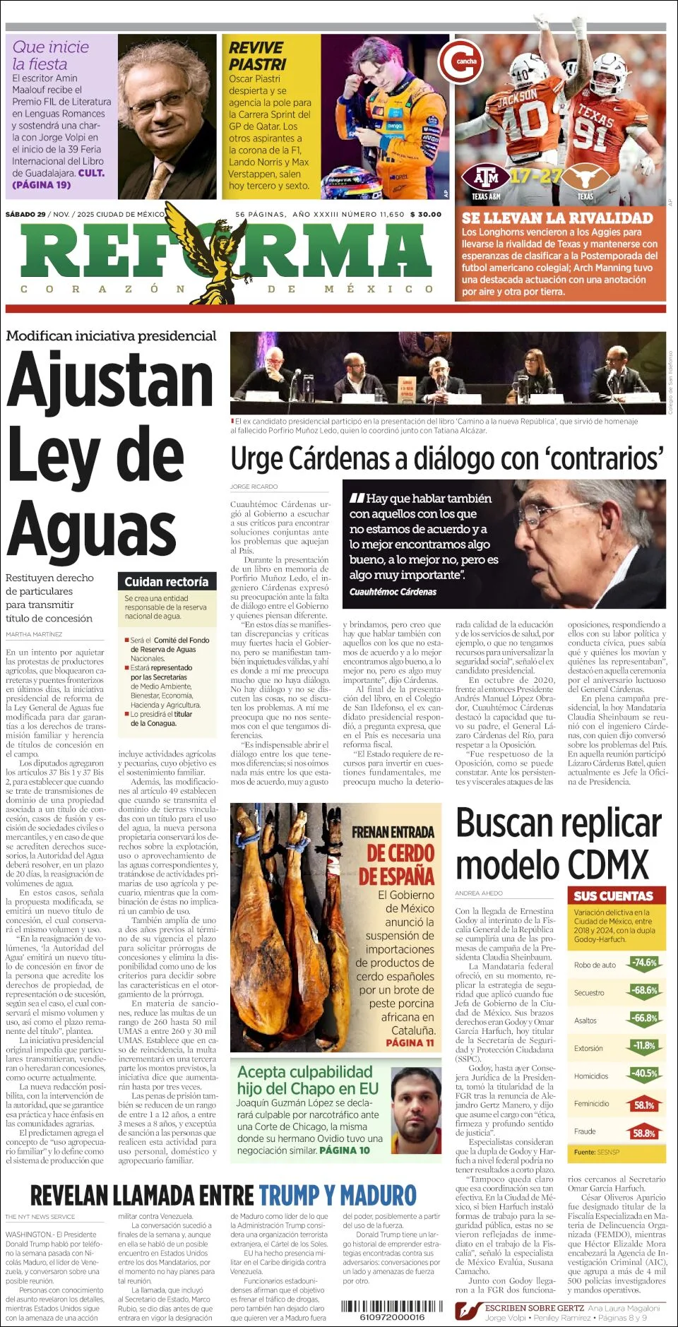 Portada de Reforma del sábado, 29 de noviembre de 2025