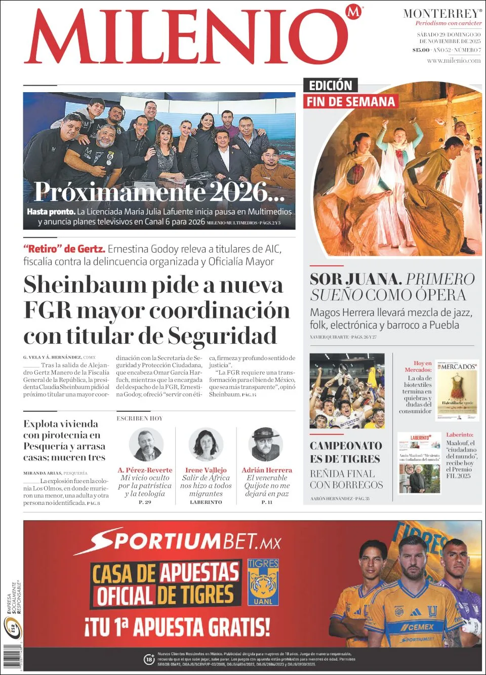 Portada de Milenio del sábado, 29 de noviembre de 2025