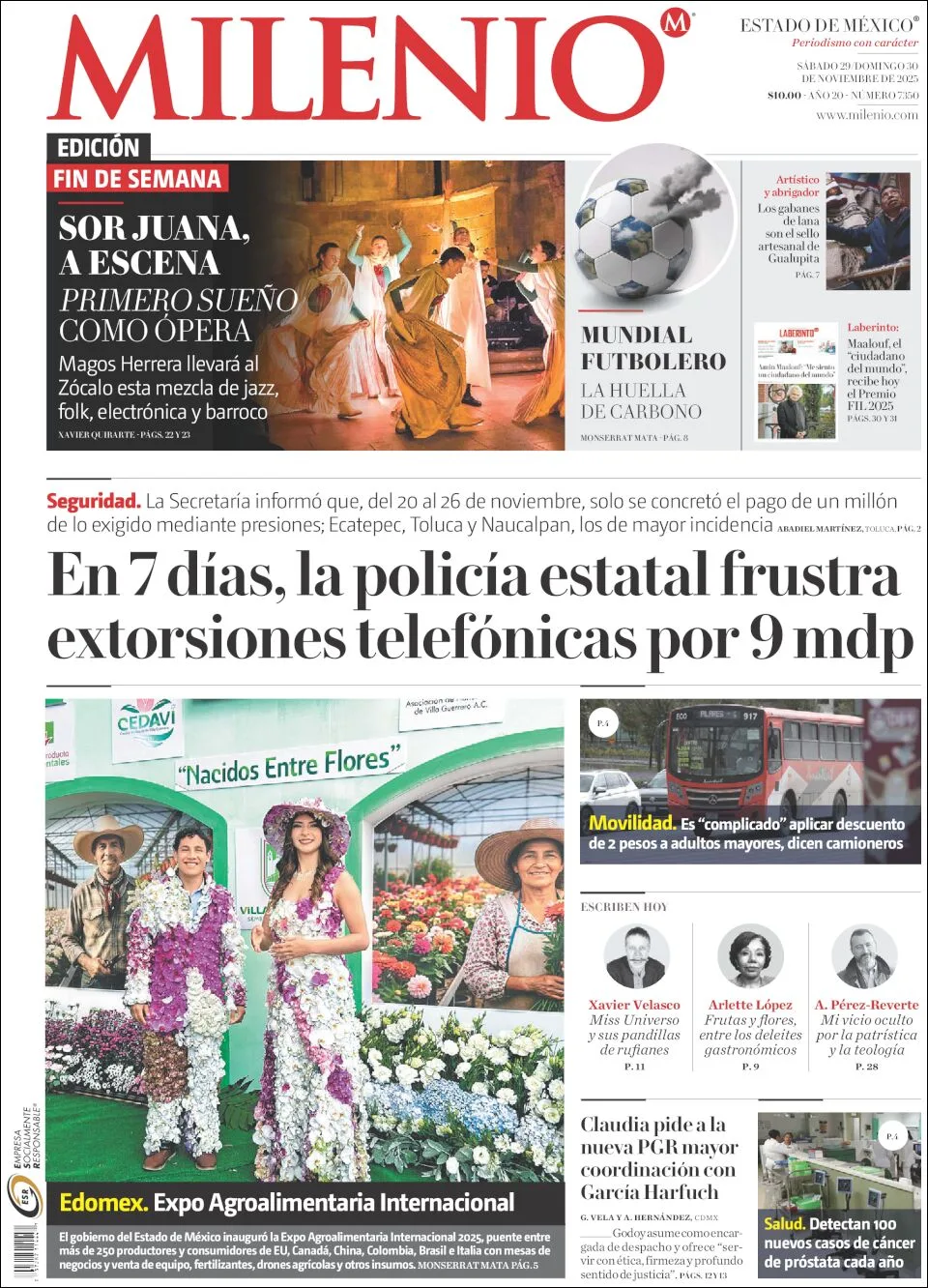 Portada de Milenio Edo de Mexico del sábado, 29 de noviembre de 2025