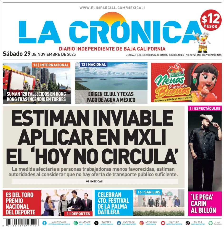 Portada de La Cronica del sábado, 29 de noviembre de 2025