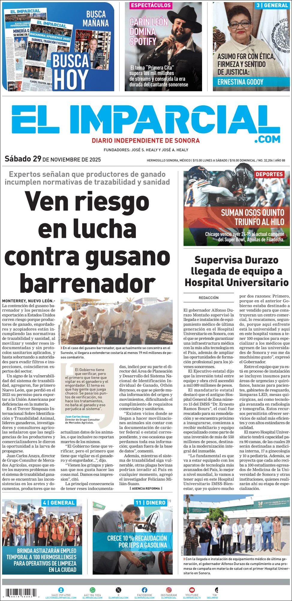 Portada de El Imparcial del sábado, 29 de noviembre de 2025