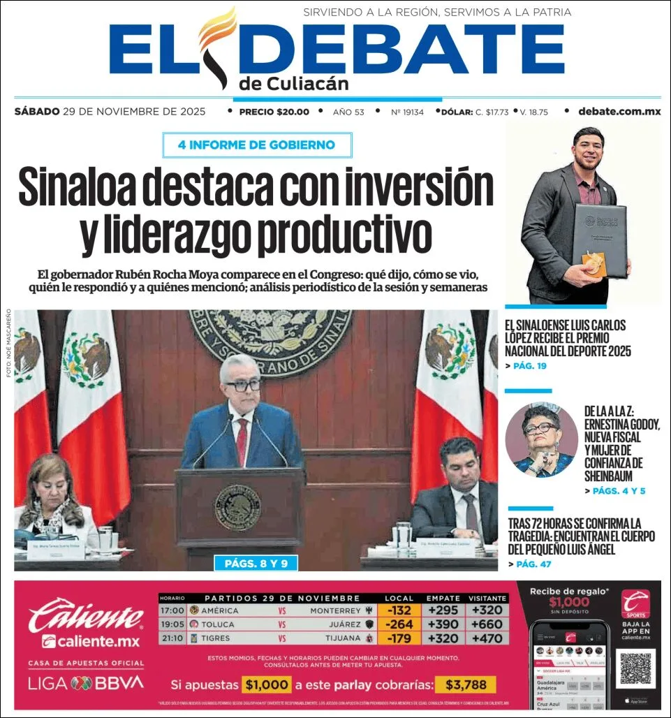 Portada de El Debate de Culiacan del sábado, 29 de noviembre de 2025