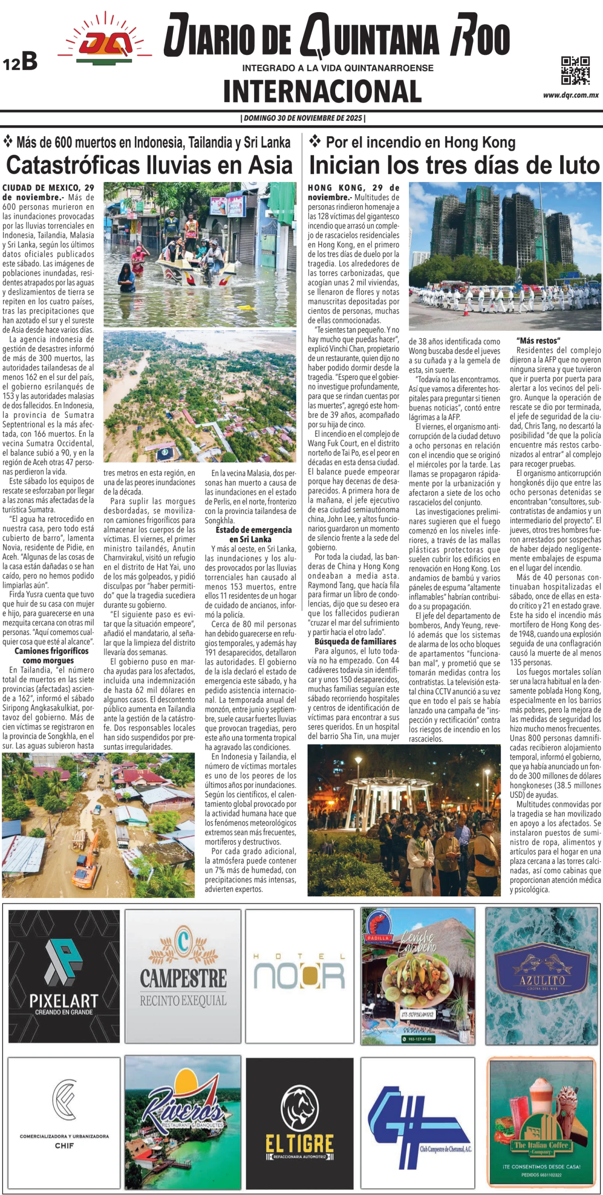 Portada de Diario de Quintana Roo (contra Portada) del domingo, 30 de noviembre de 2025