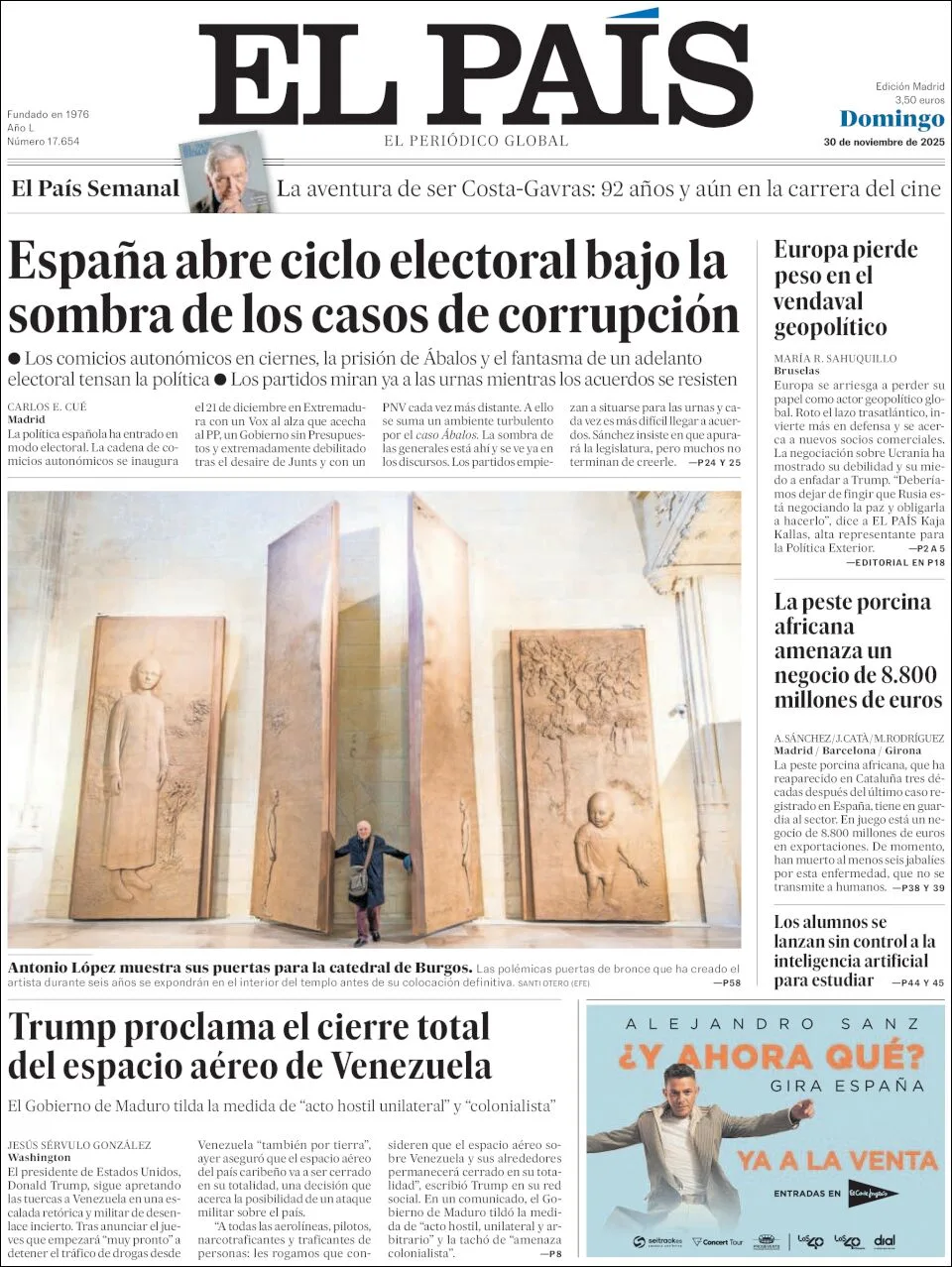 Portada de El Pais del domingo, 30 de noviembre de 2025