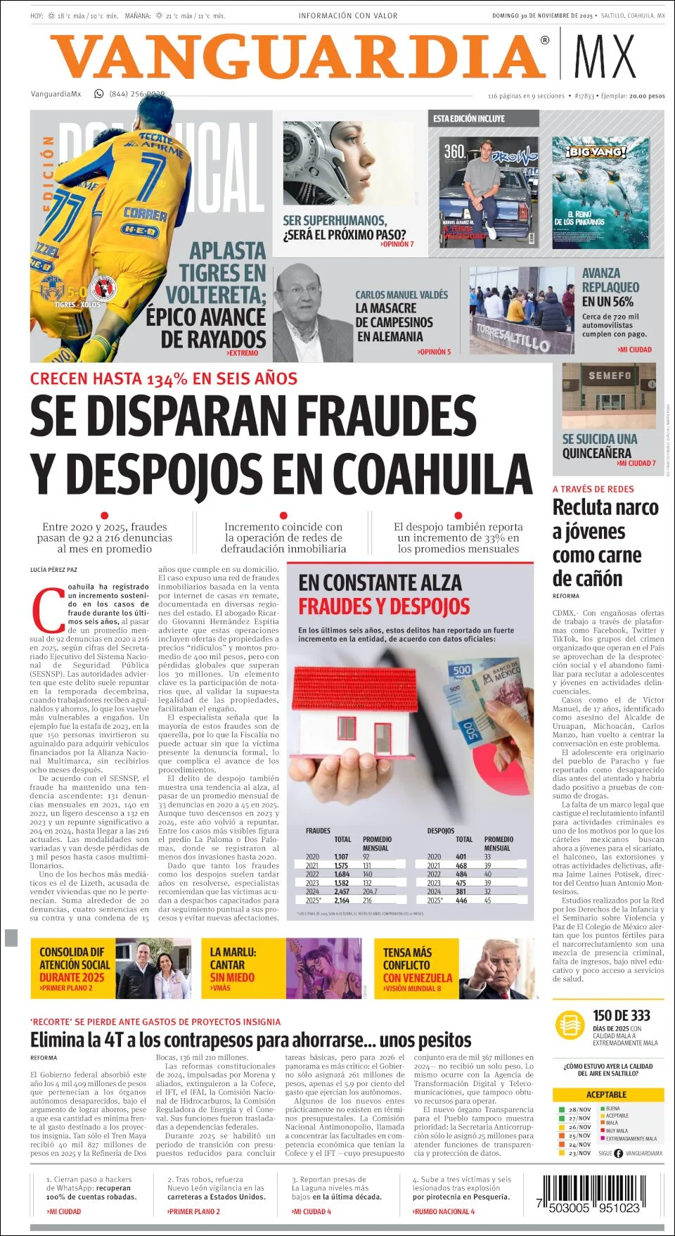 Portada de Vanguardia del domingo, 30 de noviembre de 2025