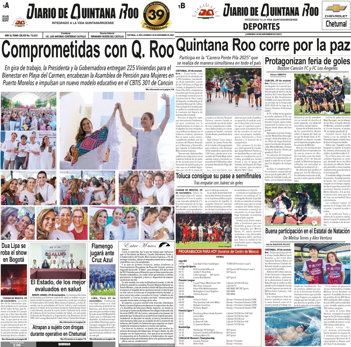 Portada de Diario de Quintana Roo (portada) del domingo, 30 de noviembre de 2025