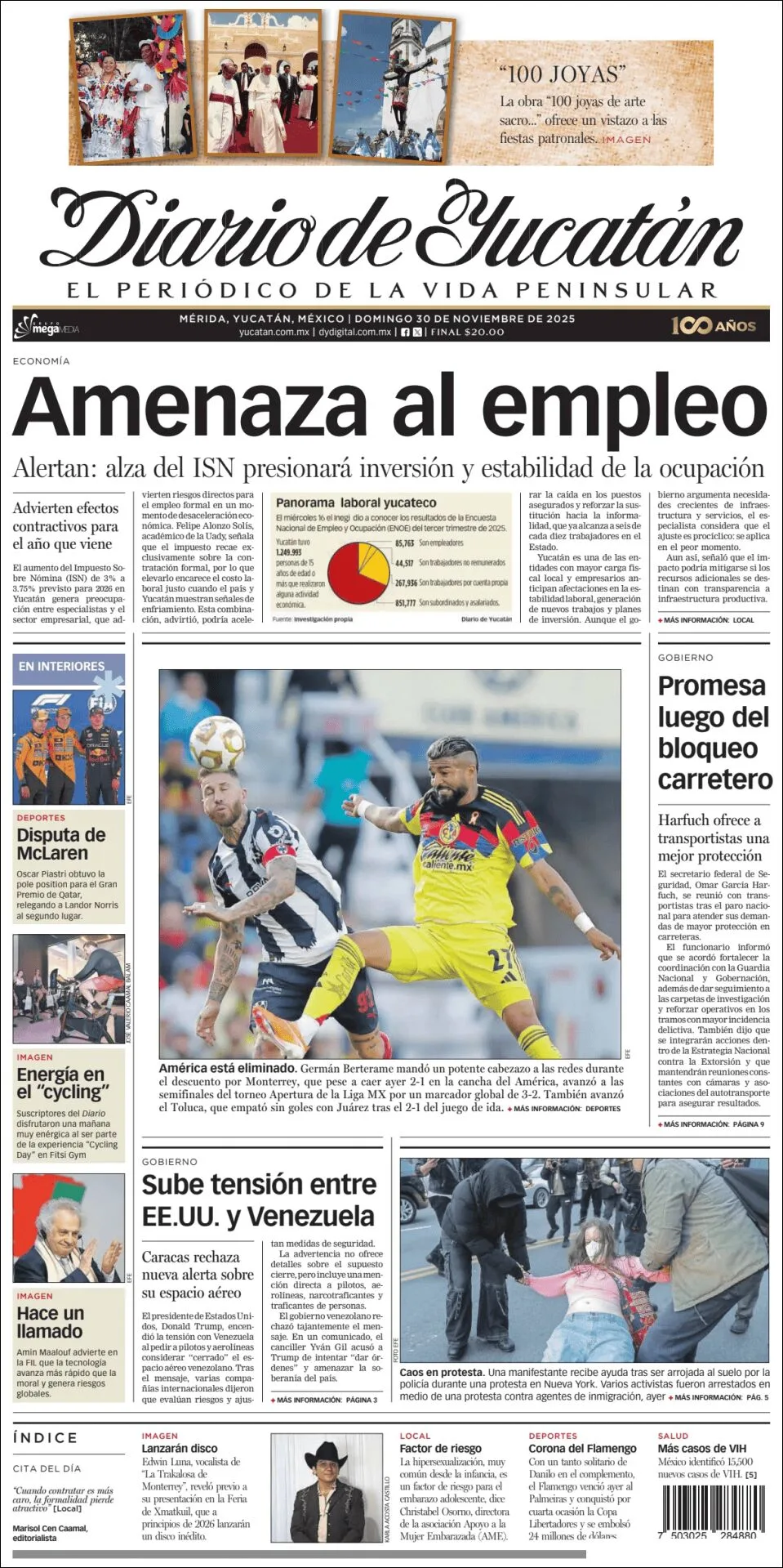 Portada de Diario de Yucatán del domingo, 30 de noviembre de 2025