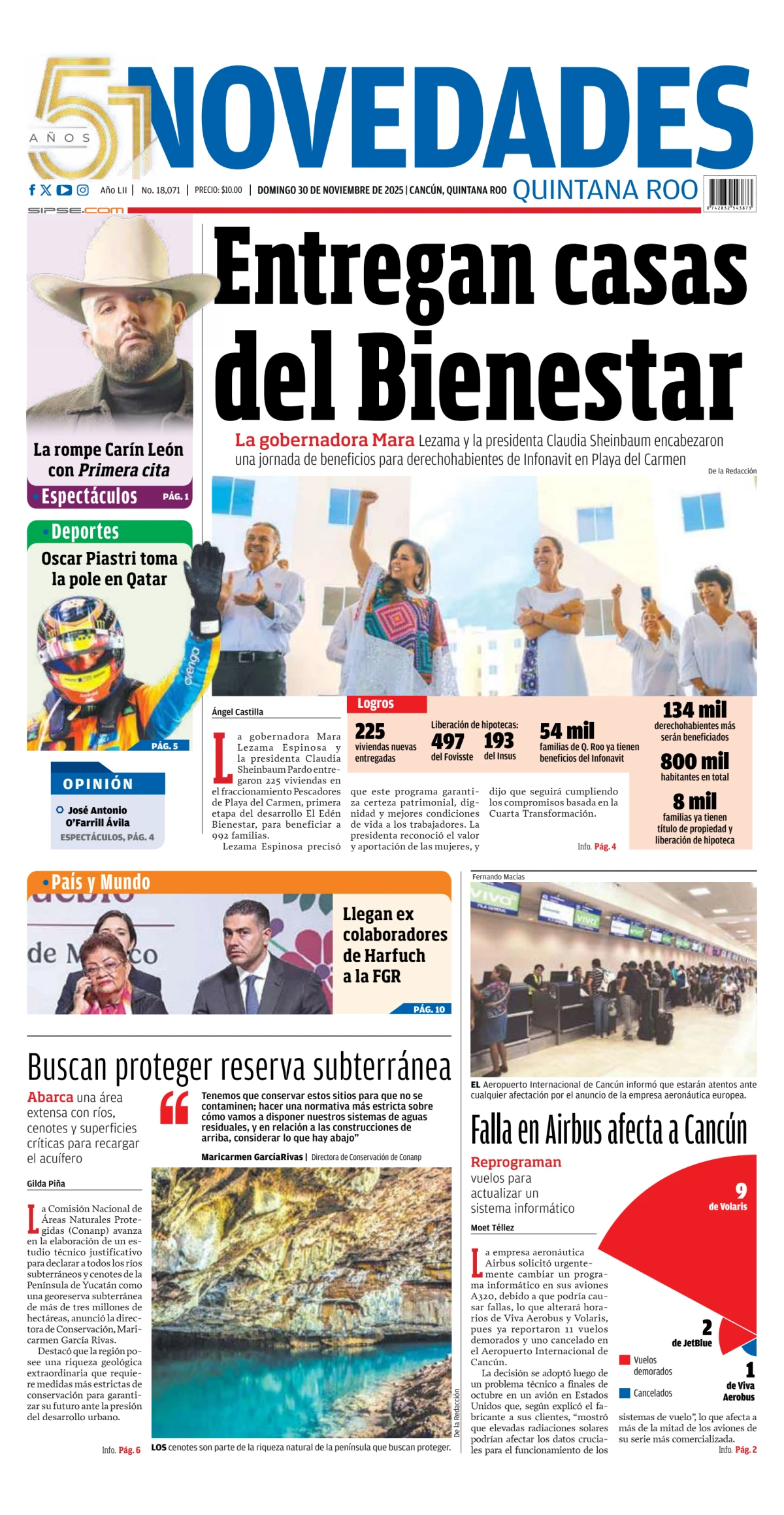 Portada de Novedades Quintana Roo del domingo, 30 de noviembre de 2025