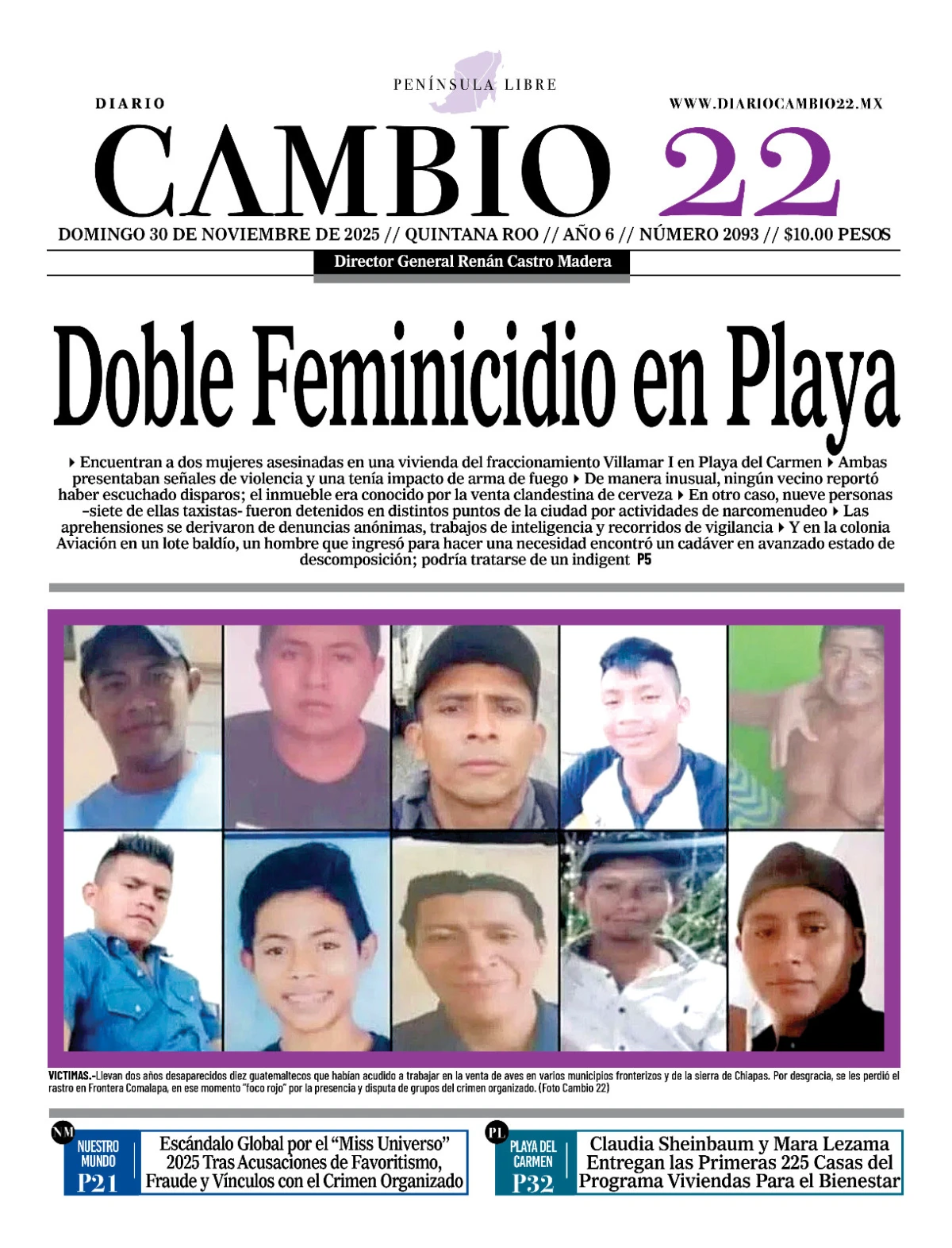 Portada de Diario Cambio 22 (contraportada) del domingo, 30 de noviembre de 2025