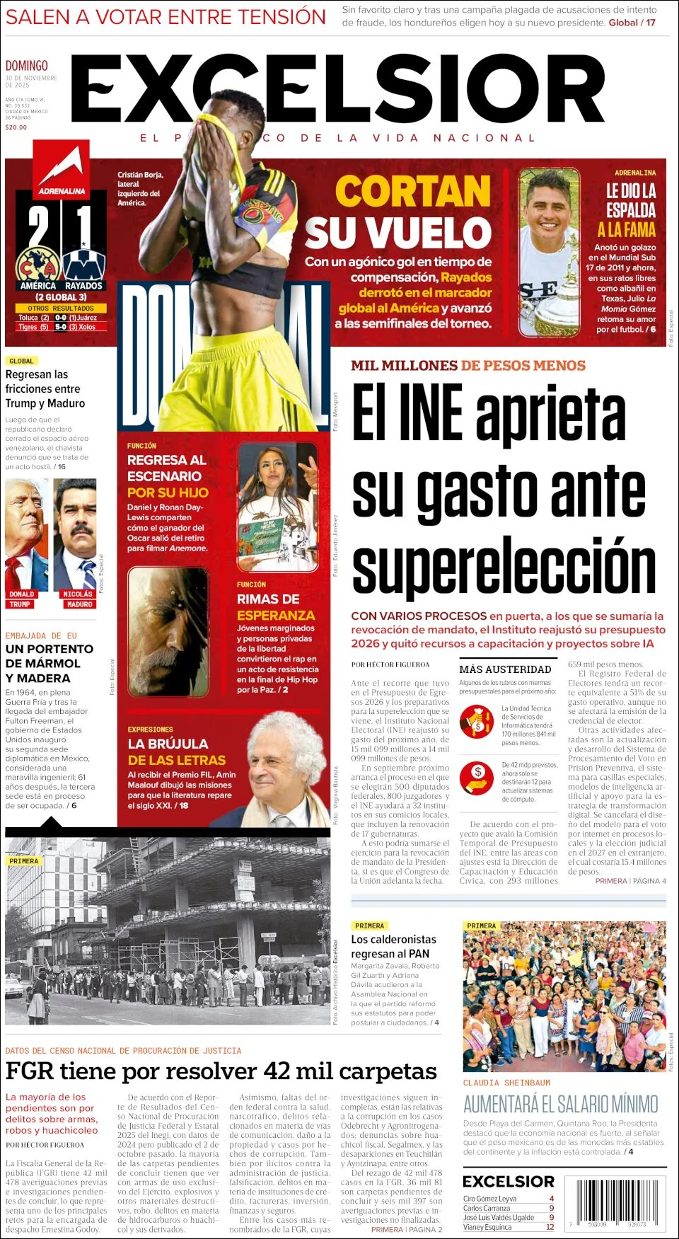 Portada de Excelsior del domingo, 30 de noviembre de 2025
